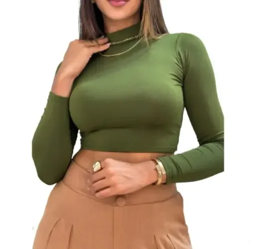 Blusa Feminina Gola Alta Manga Comprida | Verde Oliva - Tam P