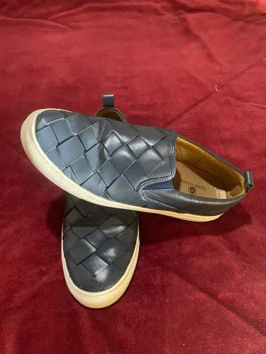 Sapatos Slip On Clube do Homem Couro Trançado Azul Marinho Masculino Casual Chique