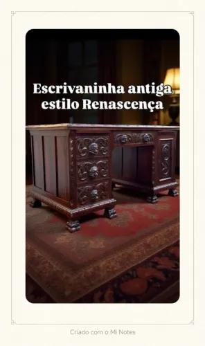 Escrivaninha renacentista, entalhada em madeira mogno maciça antiga.