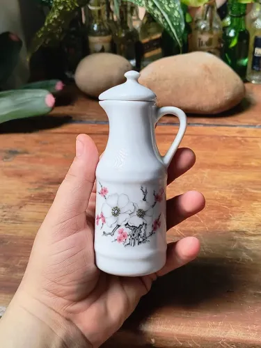 galheteiro para azeite em porcelana com floral de cerejeira antigo vintage antiquario
