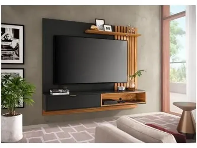 Painel para TV até 65" com Rack Suspenso e Nicho - Preto Fosco/Madeirado