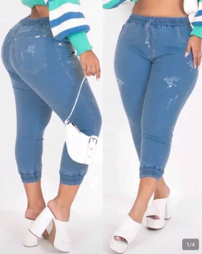 Calça jeans feminina plus size jogger capri cintura alta com elástico e lycra premium