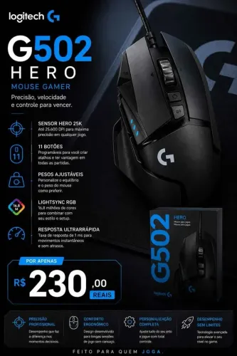 Mouse Gamer Logitech G502 HERO, 11 Botões Programáveis | Sensor HERO 25K, RGB LIGHTSYNC.