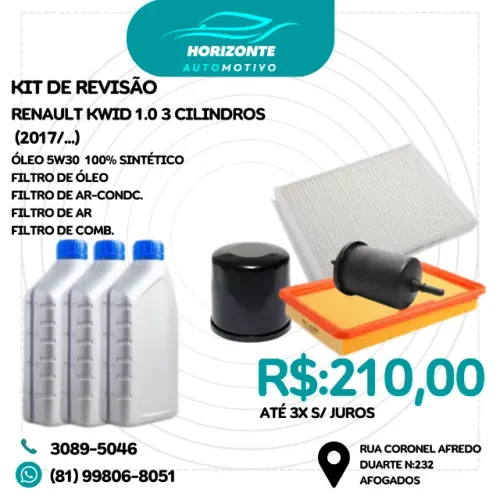 kit revisão óleo e filtros renault kwid 1.0 3 cilindros 2017