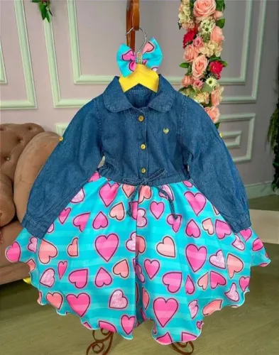 Vestido Mimadine Corações Peito Jeans de Manga Comprida