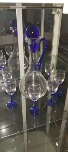 Licoreira de cristal com 6 mini taças azul Hering