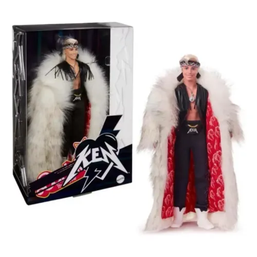 Ken Rockeiro Casaco Branco, Ken in Faux Fur Coat and Black Fringe Vest, de Barbie o filme