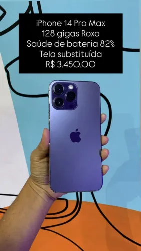 iPhone 14 Pro Max / 128GB / Roxo / Saúde de bateria 82% / Tela Substituida / R$ 3.450,00