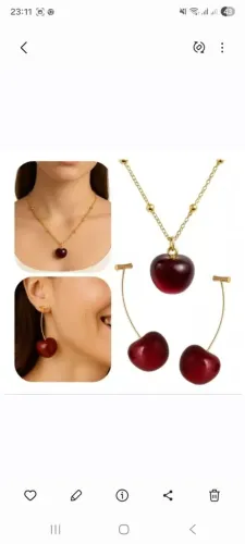 COLAR CEREJA E BRINCOS FOLHEADO A OURO