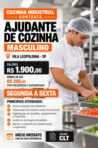 Ajudante de Cozinha Masculino Segunda a Sexta