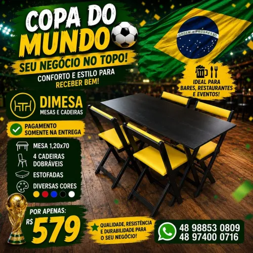 Conjunto de Mesa 1, 20x70  c 4 Cadeiras Dobráveis Estofadas - Direto da Fábrica Dimesa