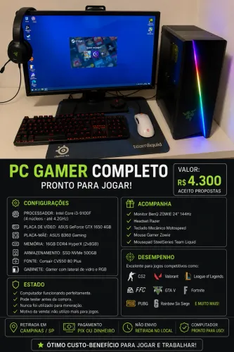 PC Gamer Completo + Monitor BenQ ZOWIE 144Hz | GTX 1650 | i3-9100F