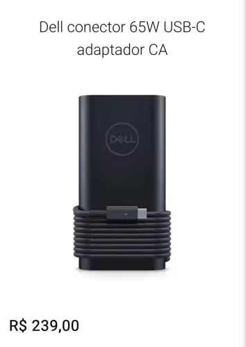 Carregador notebook Dell conector 65W USB-C adaptador CA