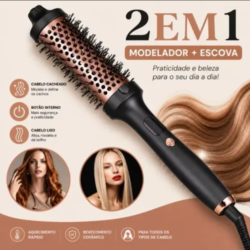 Escova térmica 2 em 1 alisadora e modeladora 38mm bivolt 110-200°C