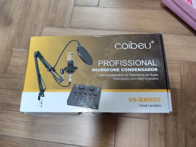 Kit Microfone Condensador + Placa de Som V8 (Podcast, Stream, Gravador)