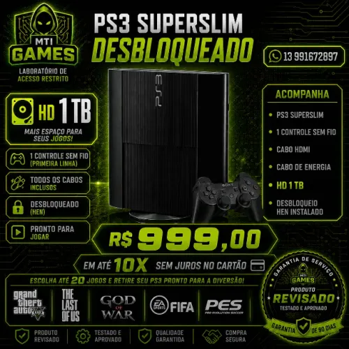 PS3 SUPER SLIM 1TB DESBLOQUEADO 10x sem juros