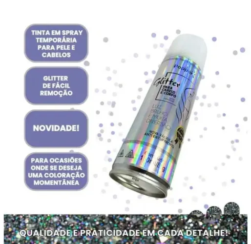 Spray Glitter Popper Holográfico para Cabelos, Corpo e Roupa Alta Fixação
