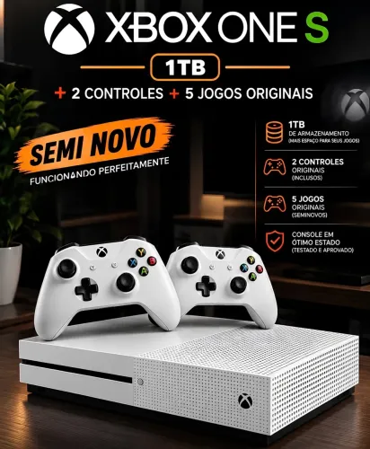 XBOX ONE S + 2 CONTROLES + 5 JOGOS ORIGINAIS