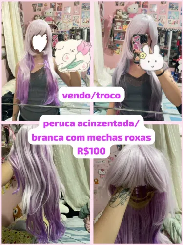 peruca acizentada com mechas roxas