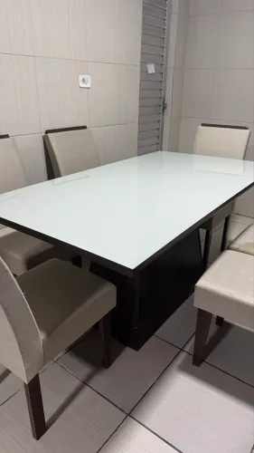 Mesa de Jantar 6 Lugares 160x90 com Tampo de Vidro Branco