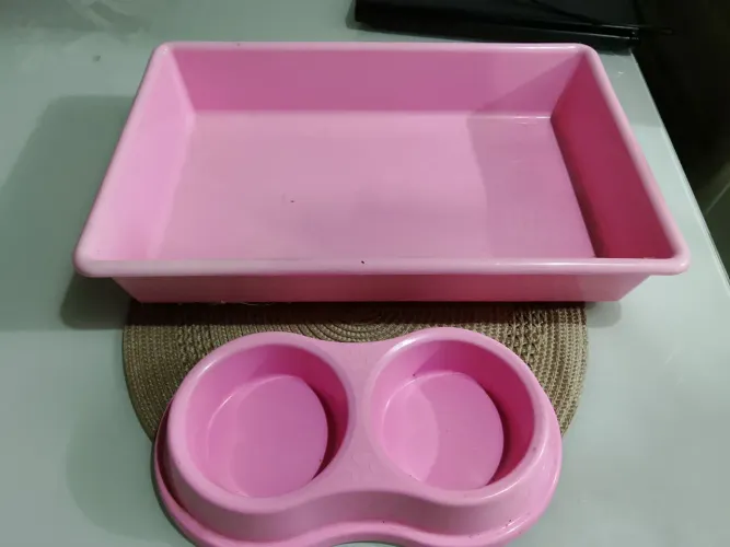 Kit pet rosa para gato | Caixa + comedouro
