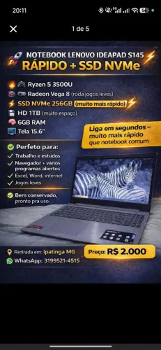 NOTEBOOK LENOVO IDEAPAD<br>S145 -RÁPIDO + SSD NVMe<br>Desempenho forte e ágil<br>Ryzen 5 3500U