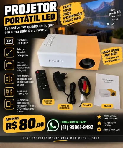 Projetor Portátil LED 1080P com Controle - R$ 80