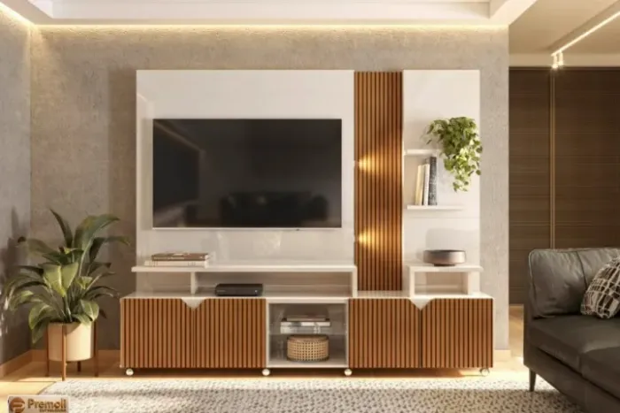 Estante Home Cross Para Sala Tv Até 55 Ripado 2,10m Lukaliam Cor Off White Perolizado/taua