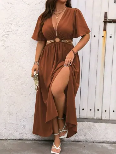 Vestido Plus Size Vazado Terracota 4XL 52 Com Fenda e Decote 