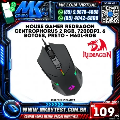 Mouse Gamer Redragon Centrophorus 2 RGB, 7200DPI, 6 Botões, Preto - M601-RGB
