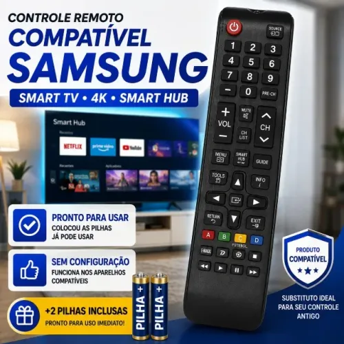 Controle Remoto Compatível Samsung Smart TV com Botão Smart Hub + Pilhas