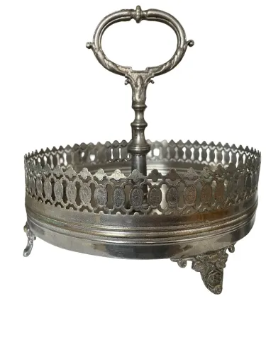 Antiga Fruteira/Centro de Mesa em Metal Prateado com Alça - Estilo Clássico