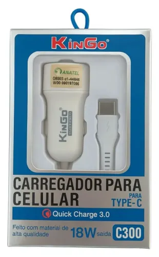 Carregador Veicular Kingo 18W Tipo-C Turbo Quick Charge 3.0 C300 Carro Rápido Universal