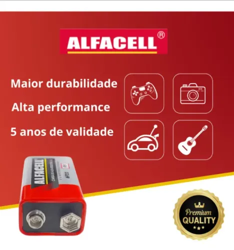 Pilha Alfacell Bateria 6F221SC 9V Retangular - kit de 12 unidades