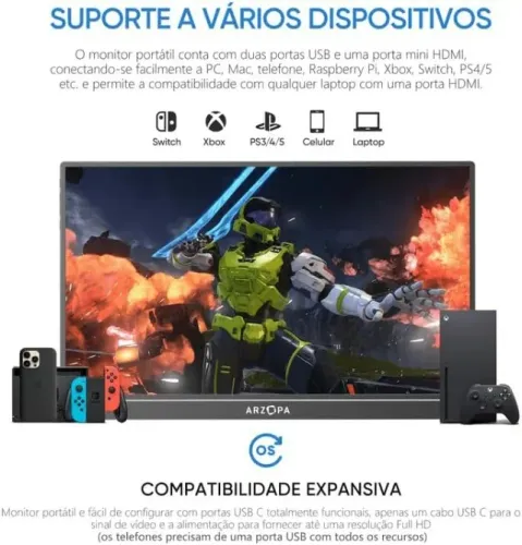 Monitor Portátil ARZOPA A1 15,6'' 1080P FHD - Monitor IPS com Suporte para Notebook, PC, M