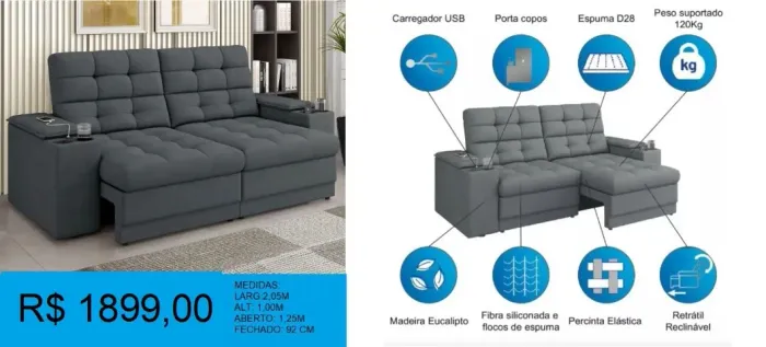Sofá com 2,00 metros com USB integrado - ENTREGA GRATIS - PRONTA ENTREGA