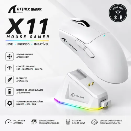 Mouse Sem Fio ATTACK SHARK X11 BRANCO | COM BASE DE CARREGAMENTO + TRI-MODO | NOVO LACRADO