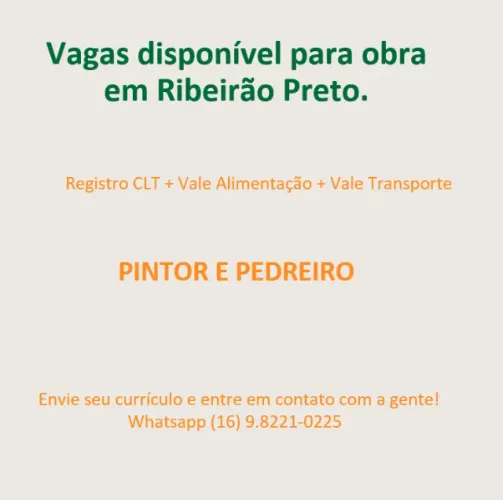 Vaga de Pintor e Pedreiro em Ribeirão Preto