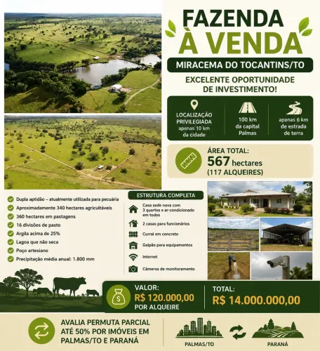 Fazenda à venda no Tocantins próximo a Palmas 
