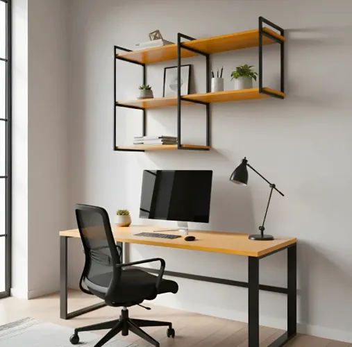 Escrivaninha com Prateleira Suspensa - Estilo Industrial (Metalon e Madeira)