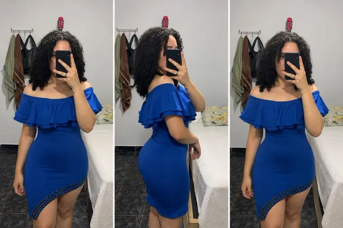 Vestido tubinho azul com detalhe tomara que caia no ombro 