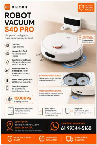 Robô Aspirador Xiaomi S40 Pro com Mapeamento Inteligente e Sucção 15.000 Pa Novo, Loja Fis