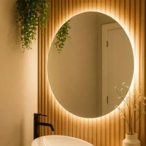 Espelho Redondo com LED Decorativo para Banheiro Lavabo Quarto Sala Iluminado Moderno Prem