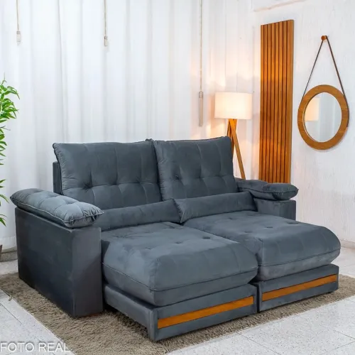 Sofá Retrátil Reclinável Master 2.00m Veludo Cinza - D33 e Molas Ensacadas