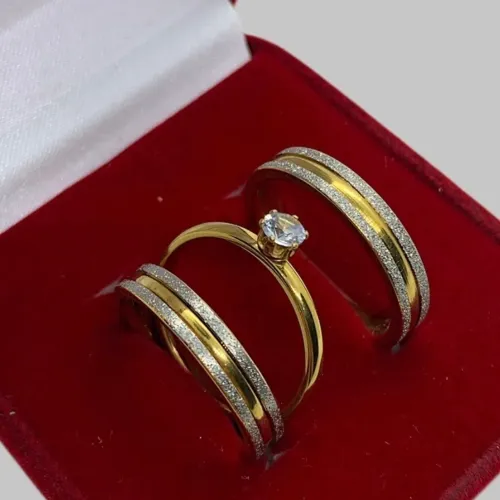 Aliança de namoro compromisso Prateada e Dourado com friso diamantada 3mm + anel solitário