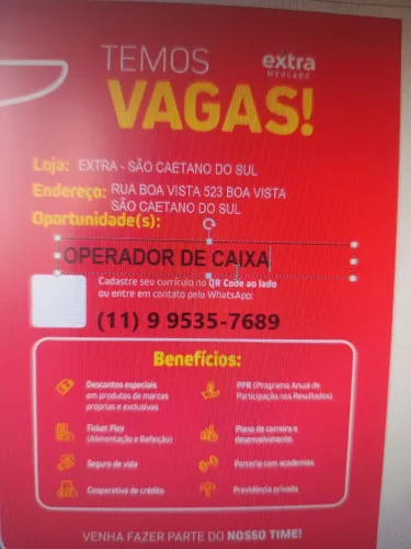 Temos vagas operador de caixa 
