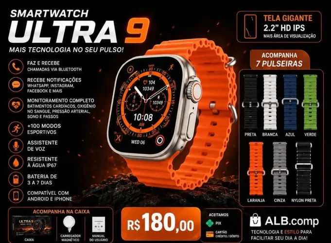 Smartwatch ultra 9. Com 7 pulseiras
