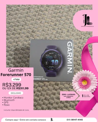 GARMIN FORERUNNER 570, 47MM, ROXO, LACRADO, EXCLUSIVO!