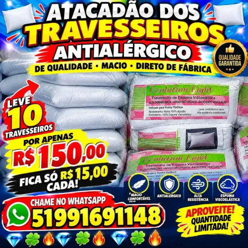 atacadão dos travesseiros antialérgico acima de 10 peça $15 reais