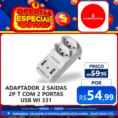 Adaptador 2 saidas 2p+t com 2 portas usb 2,1a